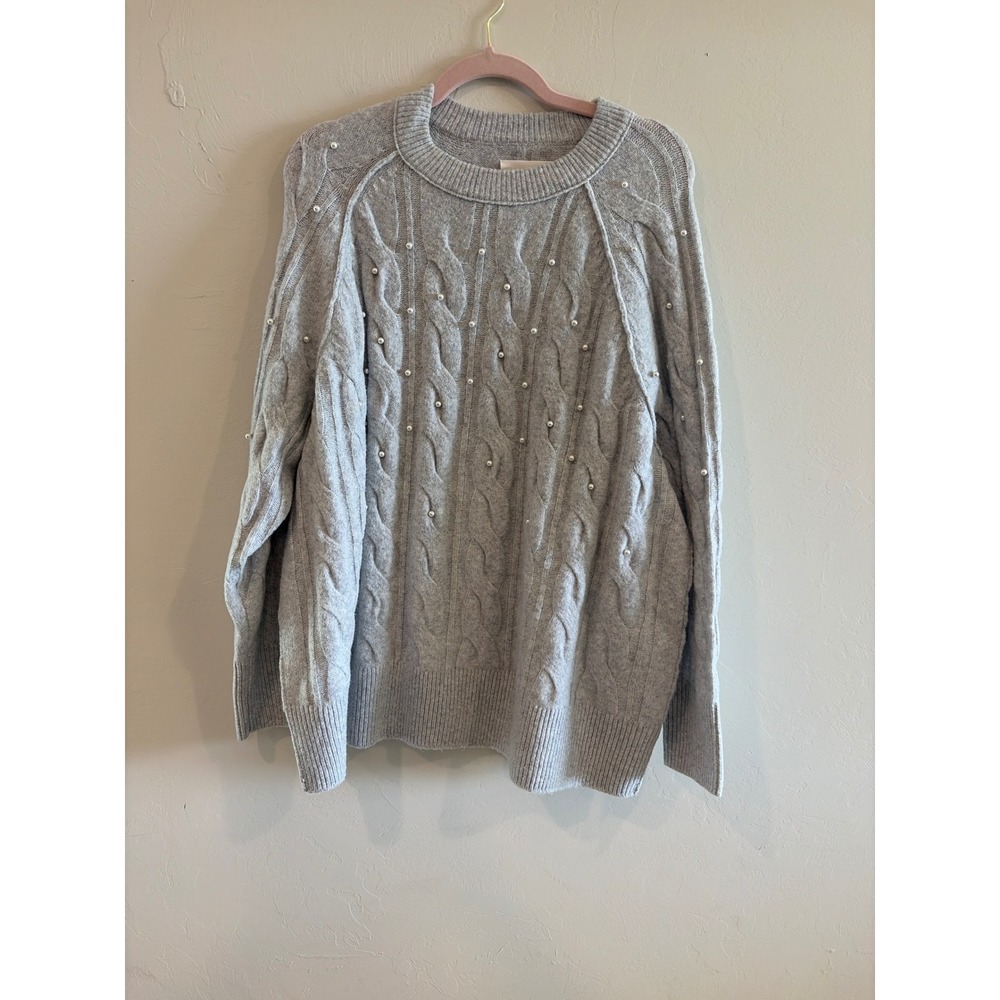 Aerie Womens Gray Cable Knit Pearl Embellished Crewneck Sweater Medium NWT